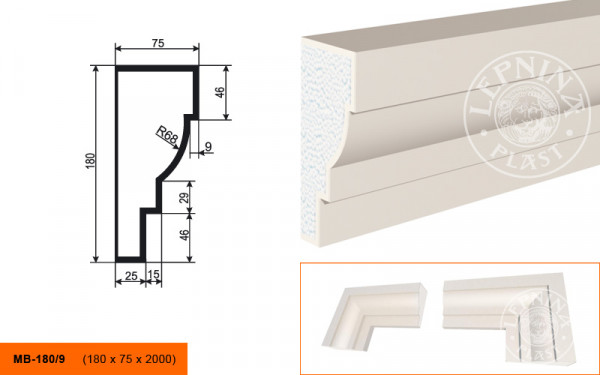 Молдинг LepninaPlast МВ-180/9 180х75х2000 мм из полистирола с покрытием белый