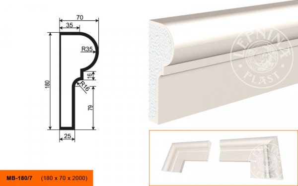 Молдинг LepninaPlast МВ-180/7 180х70х2000 мм из полистирола с покрытием белый