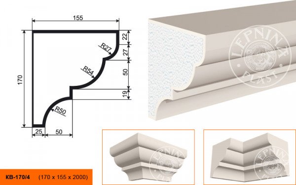 Потолочный плинтус LepninaPlast КВ-170/4 170х155х2000 мм из полистирола с покрытием белый