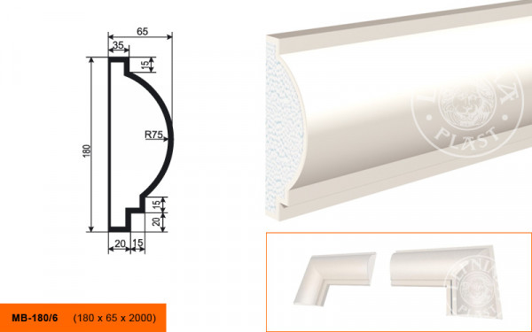 Молдинг LepninaPlast МВ-180/6 180х65х2000 мм из полистирола с покрытием белый