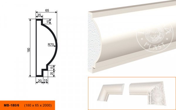 Молдинг LepninaPlast МВ-180/6 180х65х2000 мм из полистирола с покрытием белый
