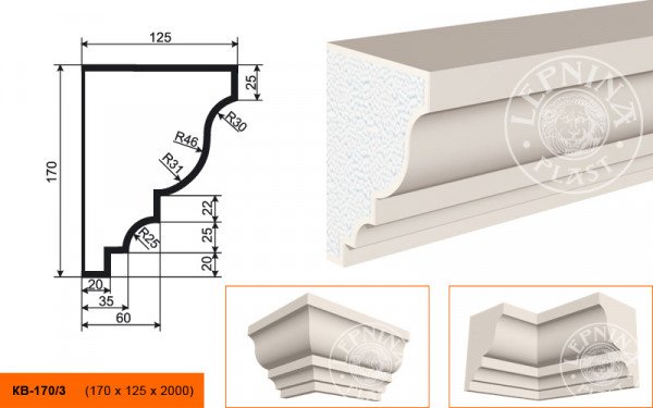 Потолочный плинтус LepninaPlast КВ-170/3 170х125х2000 мм из полистирола с покрытием белый