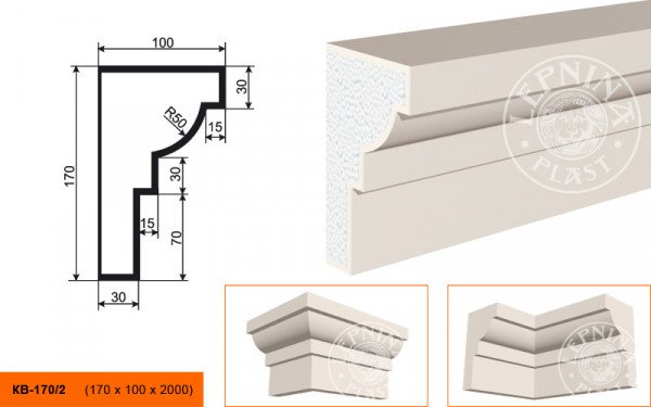 Потолочный плинтус LepninaPlast КВ-170/2 170х100х2000 мм из полистирола с покрытием белый