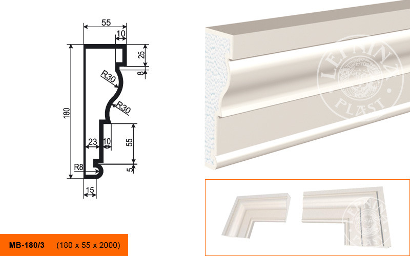 Заказать Молдинг LepninaPlast МВ-180/3 180х55х2000 мм из полистирола с покрытием белый 