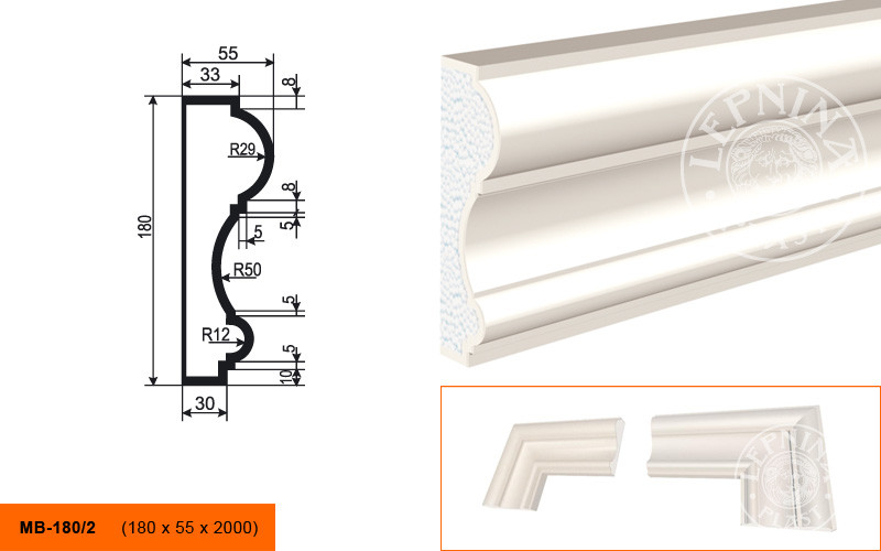 Заказать Молдинг LepninaPlast МВ-180/2 180х55х2000 мм из полистирола с покрытием белый 