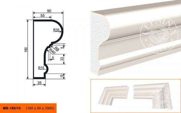 Молдинг LepninaPlast МВ-180/10 180х90х2000 мм из полистирола с покрытием белый