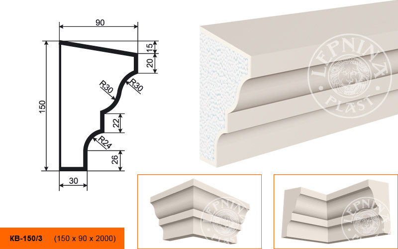 Заказать Потолочный плинтус LepninaPlast КВ-150/3 150х90х2000 мм из полистирола с покрытием белый 
