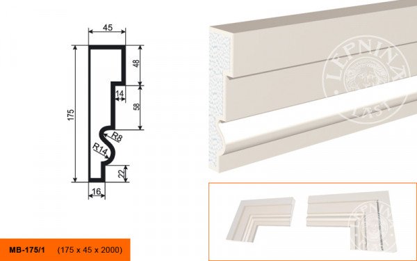 Молдинг LepninaPlast МВ-175/1 175х45х2000 мм из полистирола с покрытием белый