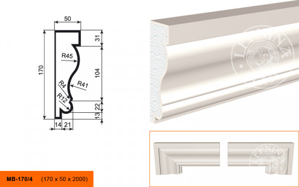 Молдинг LepninaPlast МВ-170/4 170х50х2000 мм из полистирола с покрытием белый