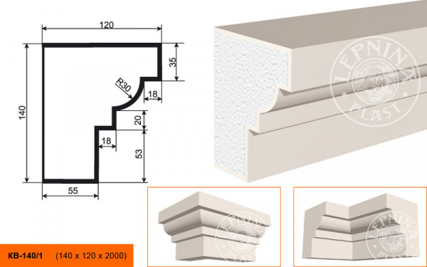 Потолочный плинтус LepninaPlast КВ-140/1 140х120х2000 мм из полистирола с покрытием белый
