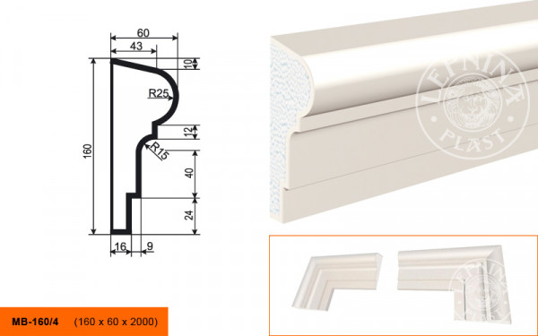Молдинг LepninaPlast МВ-160/4 160х60х2000 мм из полистирола с покрытием белый