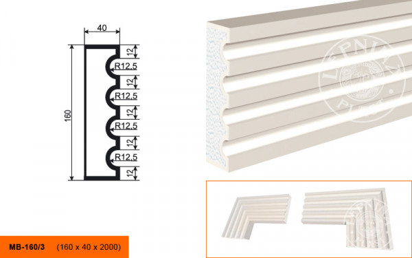 Молдинг LepninaPlast МВ-160/3 160х40х2000 мм из полистирола с покрытием белый