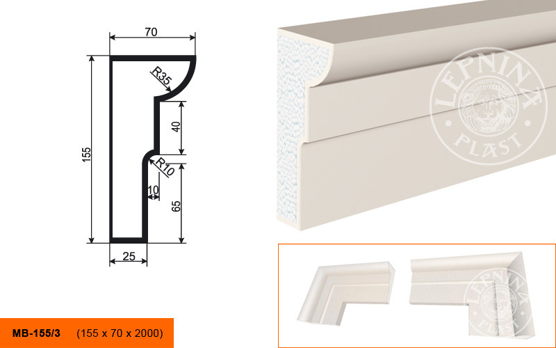 Заказать Молдинг LepninaPlast МВ-155/3 155х70х2000 мм из полистирола с покрытием белый 