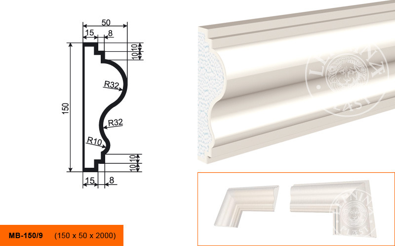 Заказать Молдинг LepninaPlast МВ-150/9 150х50х2000 мм из полистирола с покрытием белый 