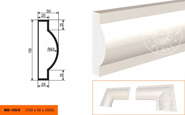 Молдинг LepninaPlast МВ-150/8 150х50х2000 мм из полистирола с покрытием белый