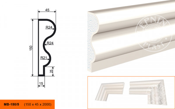 Молдинг LepninaPlast МВ-150/5 150х45х2000 мм из полистирола с покрытием белый