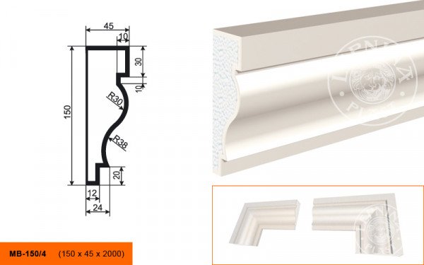 Молдинг LepninaPlast МВ-150/4 150х45х2000 мм из полистирола с покрытием белый