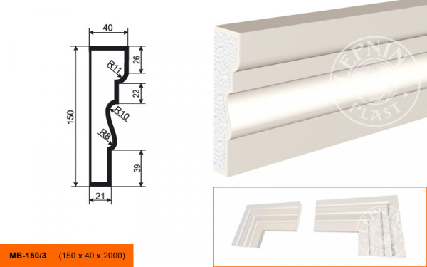 Молдинг LepninaPlast МВ-150/3 150х40х2000 мм из полистирола с покрытием белый