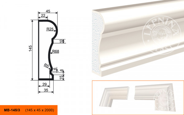 Молдинг LepninaPlast МВ-145/3 145х45х2000 мм из полистирола с покрытием белый