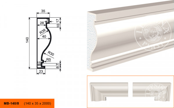 Молдинг LepninaPlast МВ-140/8 140х40х2000 мм из полистирола с покрытием белый