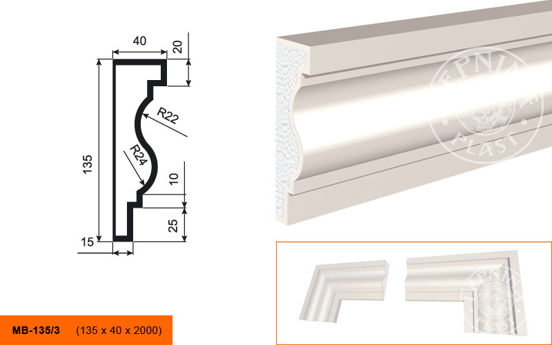 Заказать Молдинг LepninaPlast МВ-135/3 135х40х2000 мм из полистирола с покрытием белый 
