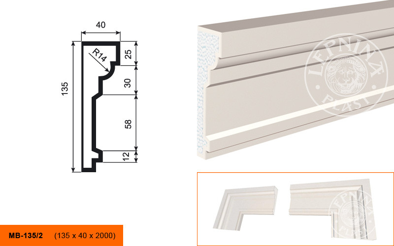 Заказать Молдинг LepninaPlast МВ-135/2 135х40х2000 мм из полистирола с покрытием белый 