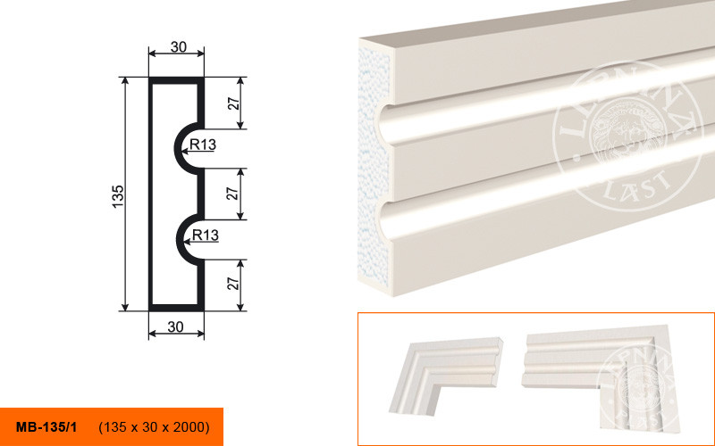 Заказать Молдинг LepninaPlast МВ-135/1 135х30х2000 мм из полистирола с покрытием белый 