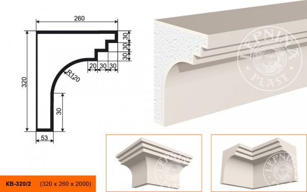 Потолочный плинтус LepninaPlast КВ-320/2 320х260х2000 мм из полистирола с покрытием белый