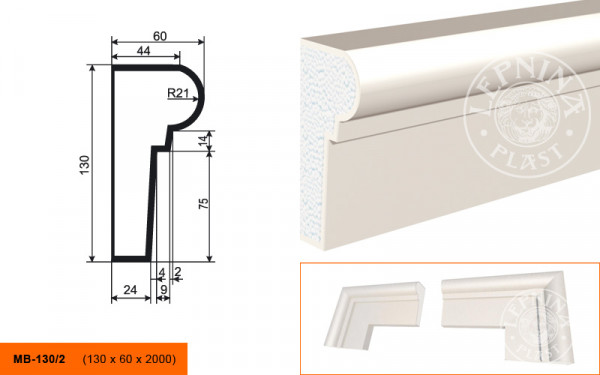 Молдинг LepninaPlast МВ-130/2 130х60х2000 мм из полистирола с покрытием белый