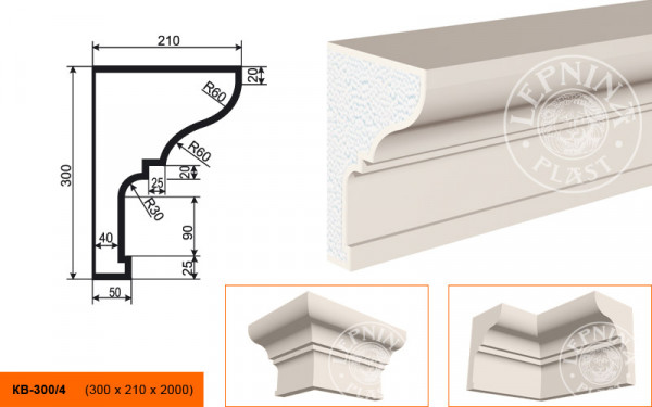 Потолочный плинтус LepninaPlast КВ-300/4 300х210х2000 мм из полистирола с покрытием белый